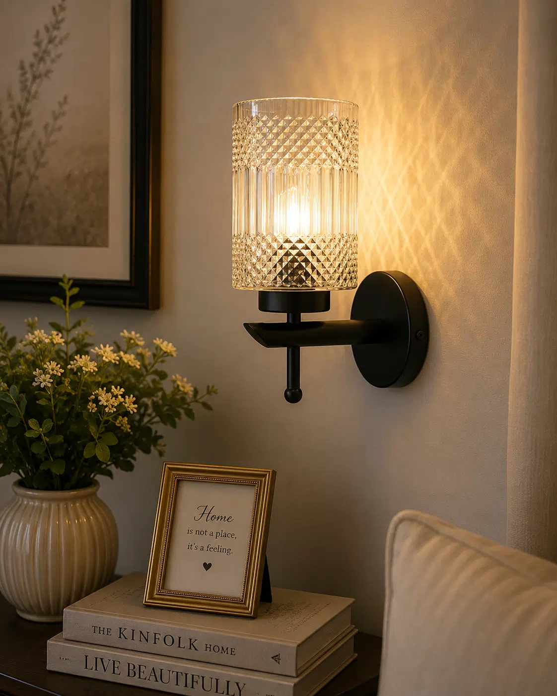 Modern Black Wall Light - Crystal Clear Textured Glass E27 Sconce
