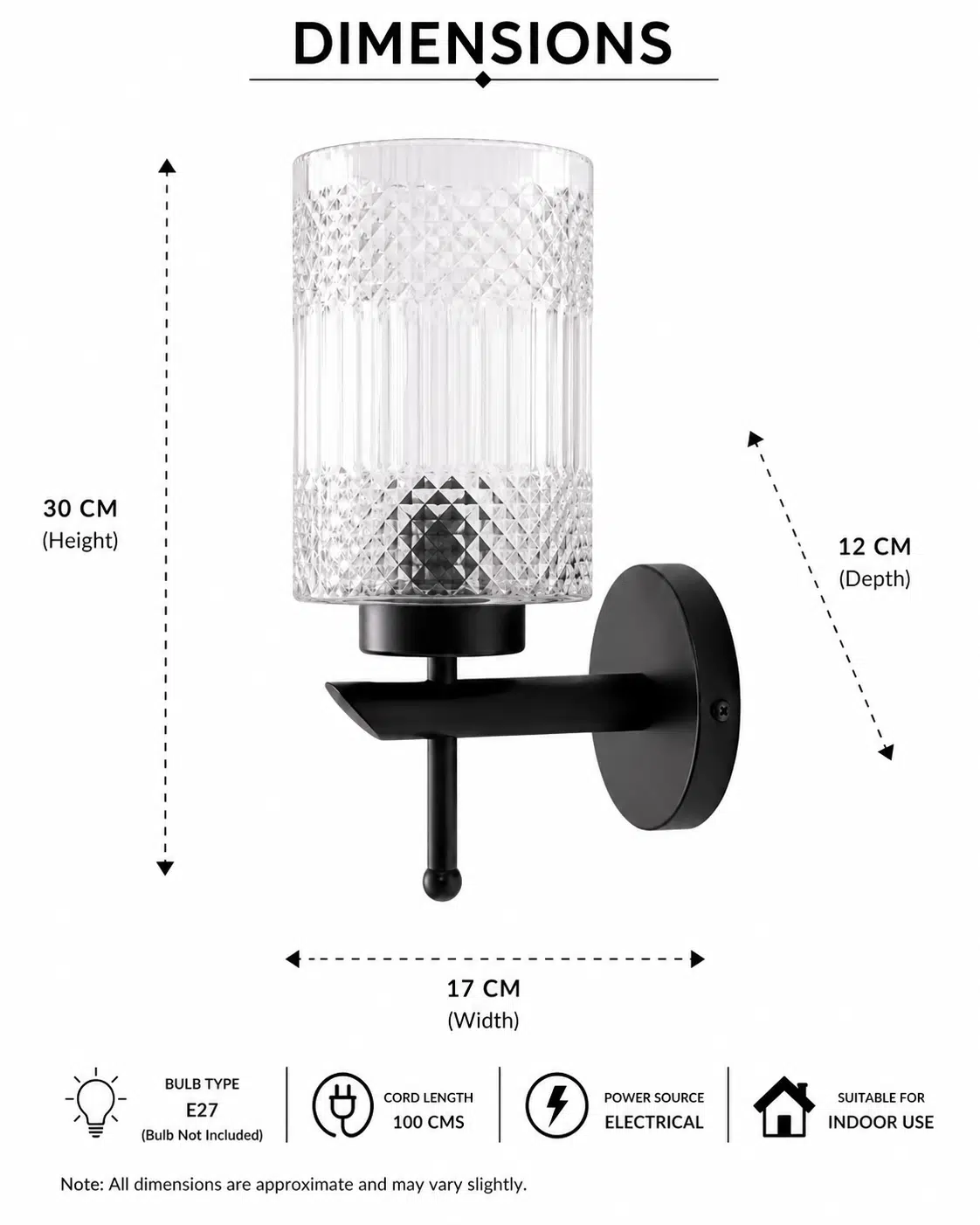 Modern Black Wall Light - Crystal Clear Textured Glass E27 Sconce - Image 6