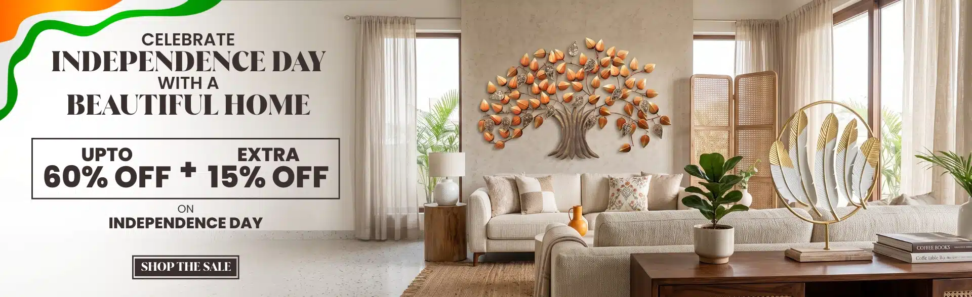 A beautifully styled modern Indian living room featuring handcrafted metallic and hand-painted Swadesi wall decor and showpieces from Vedas Homes, displayed with text overlay reading "Freedom Sale - Up to [X]% OFF on Swadesi Collection.