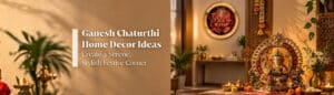 Festive home decor setup featuring a Ganesha wall plate and table idol placed on a decorated wooden console table with marigold garlands, mango leaves, brass diyas, and traditional textiles.