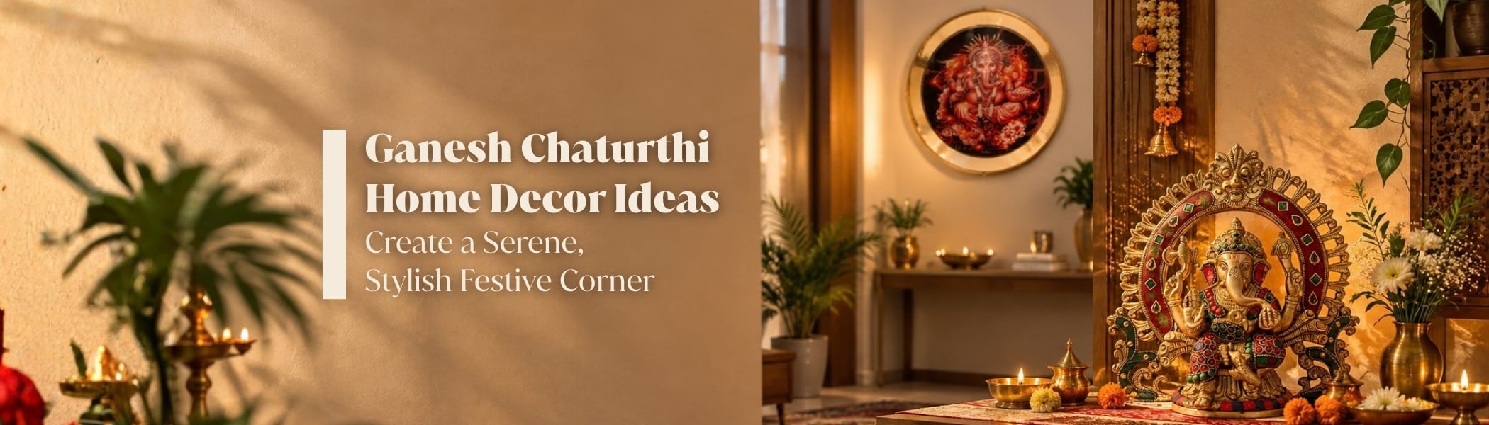 Festive home decor setup featuring a Ganesha wall plate and table idol placed on a decorated wooden console table with marigold garlands, mango leaves, brass diyas, and traditional textiles.
