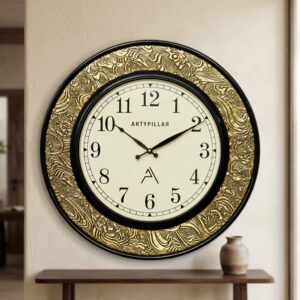VEDAS Royal Engrave Decorative Wall Clock | Vintage Black & Gold Embossed Designer Clock