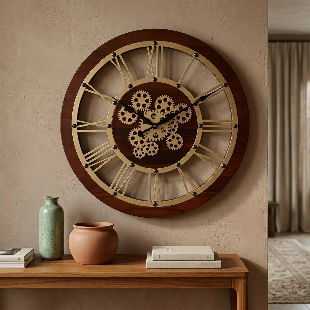 VEDAS Heritage Gear Roman Wall Clock | Wooden Finish Steampunk Designer Clock with Decorative Gears - Image 2