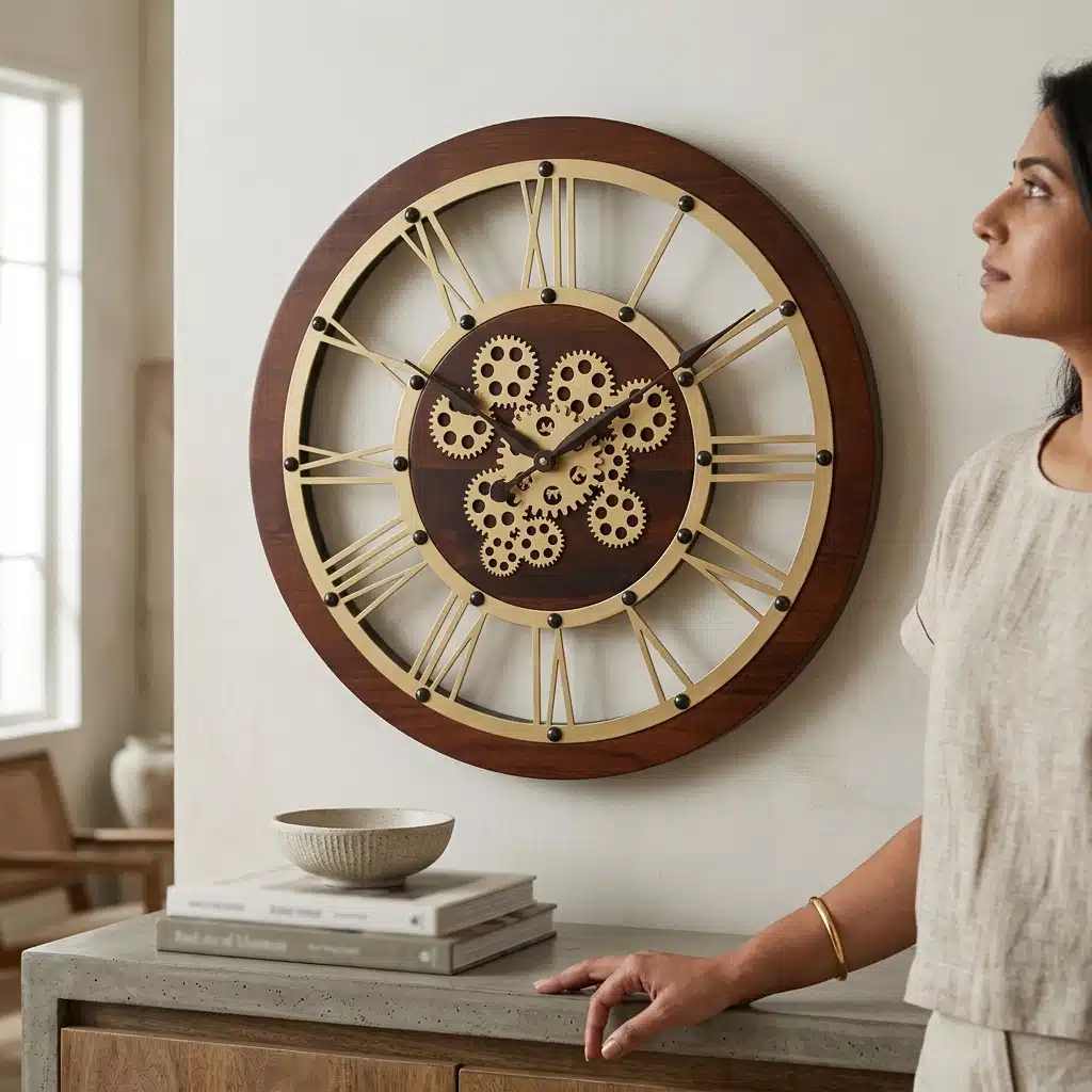 VEDAS Heritage Gear Roman Wall Clock | Wooden Finish Steampunk Designer Clock with Decorative Gears