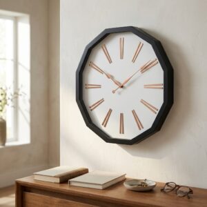VEDAS Noir Edge Modern Octagon Wall Clock | Minimal Designer Clock with Roman Markers