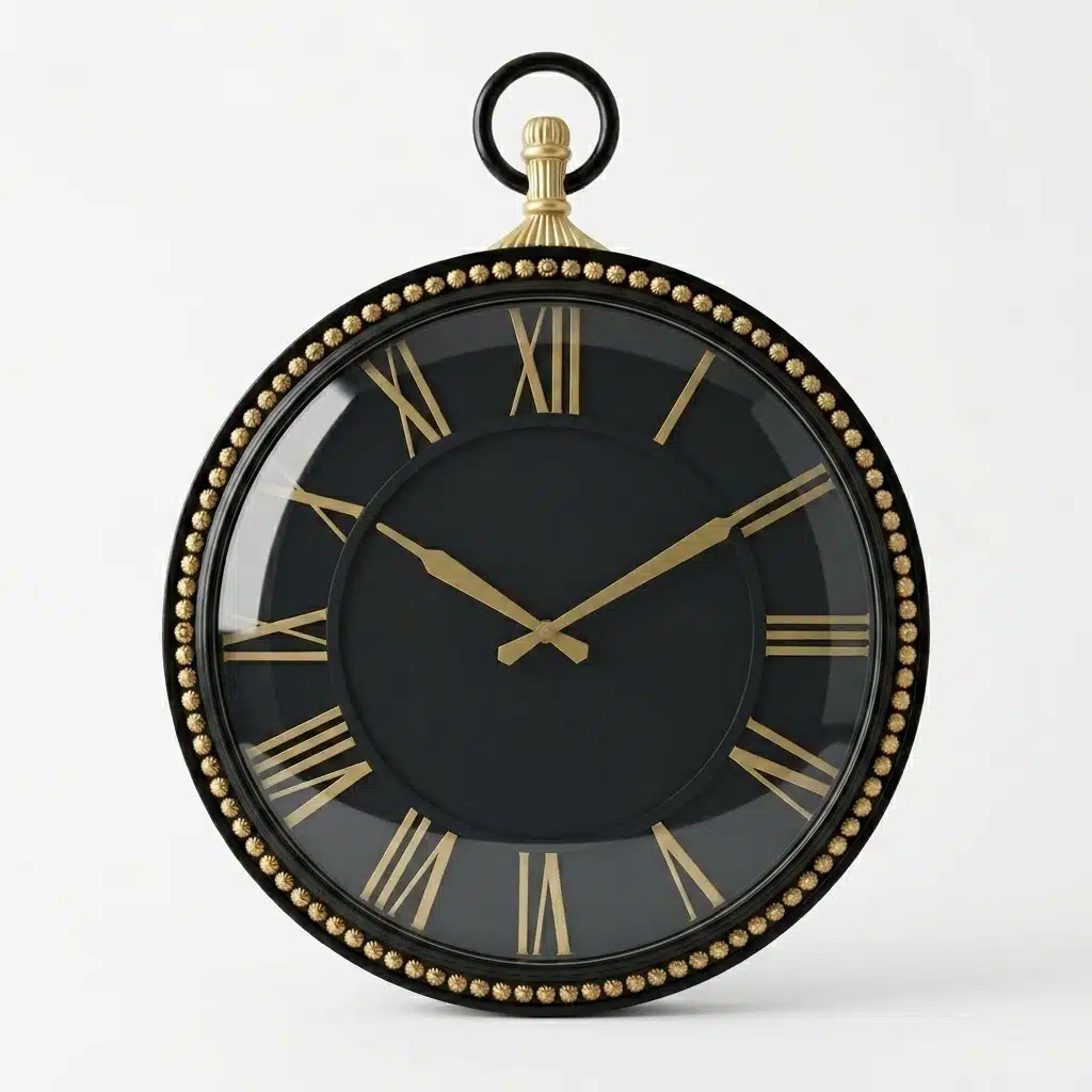 VEDAS Royal Pocket Watch Wall Clock | Vintage Black & Gold Roman Numeral Designer Clock - Image 4