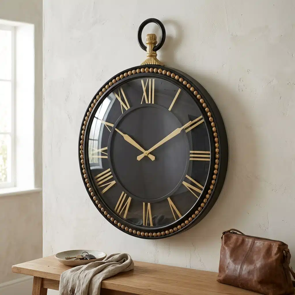 VEDAS Royal Pocket Watch Wall Clock | Vintage Black & Gold Roman Numeral Designer Clock