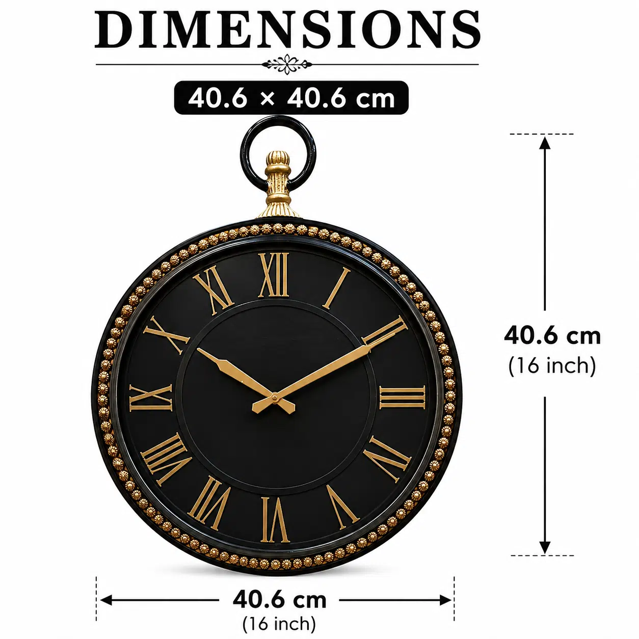 VEDAS Royal Pocket Watch Wall Clock | Vintage Black & Gold Roman Numeral Designer Clock - Image 5