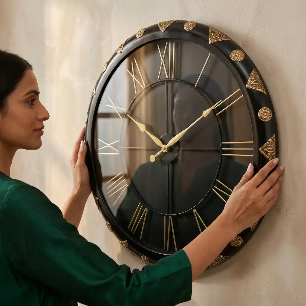 VEDAS Midnight Roman Luxe Wall Clock | Premium Black & Gold Designer Clock with Roman Numerals - Image 2