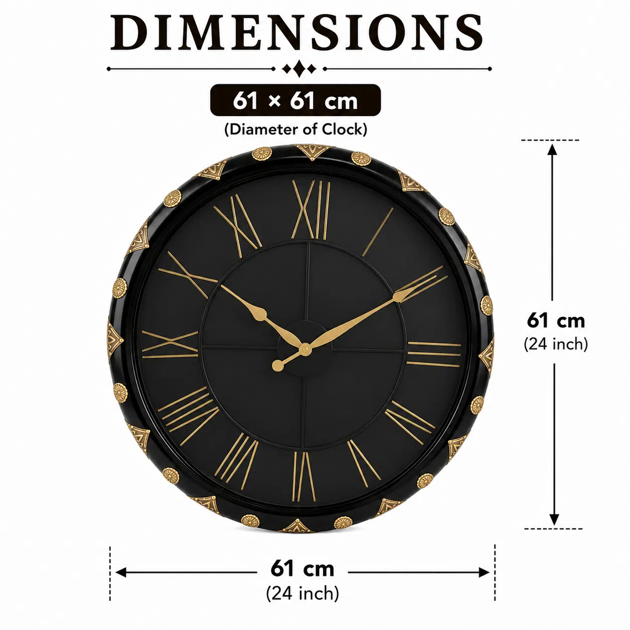 VEDAS Midnight Roman Luxe Wall Clock | Premium Black & Gold Designer Clock with Roman Numerals - Image 4
