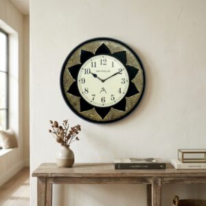 VEDAS Royal Sunburst Decorative Wall Clock | Vintage Black & Gold Designer Clock