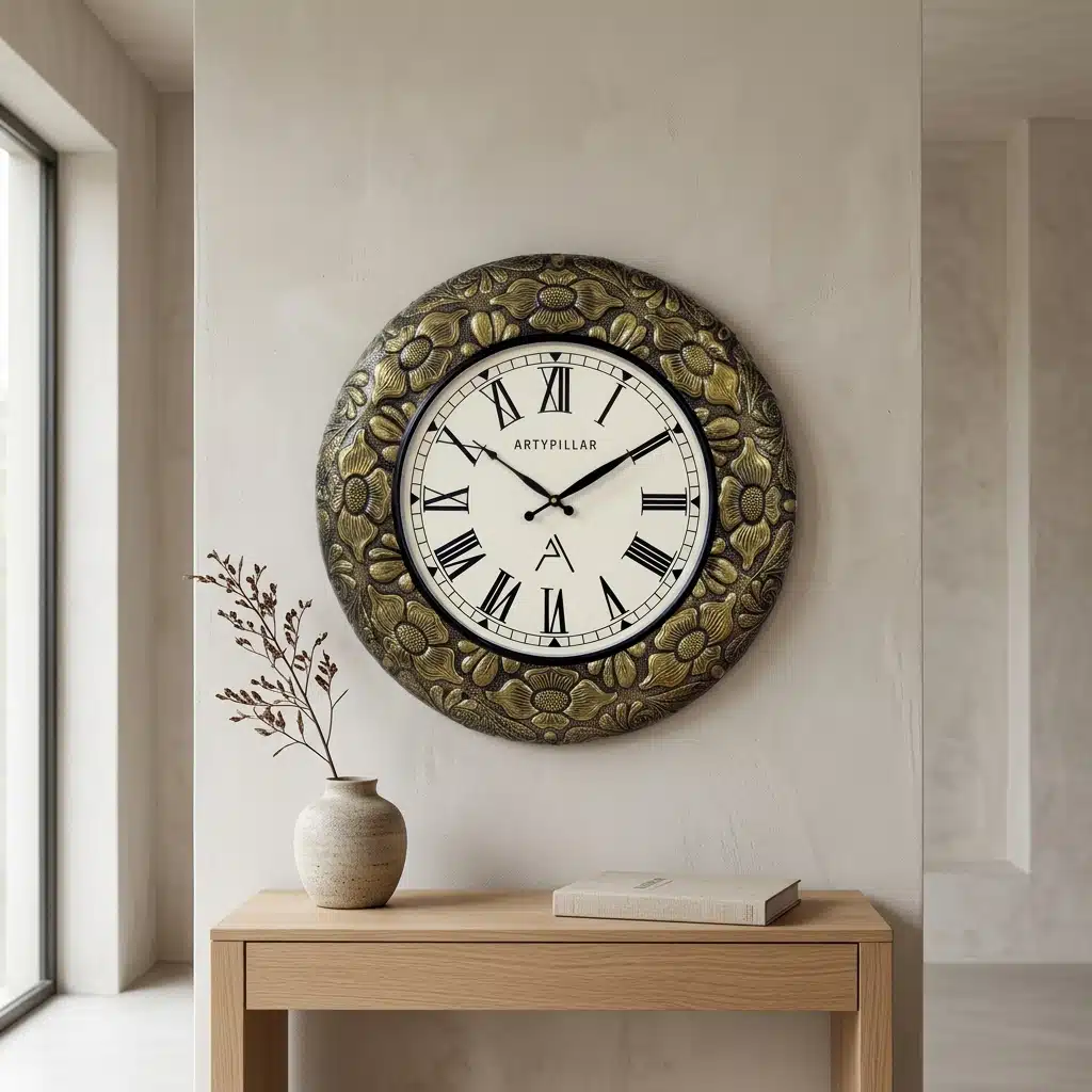 VEDAS Royal Floral Roman Wall Clock | Vintage Gold Floral Designer Clock