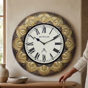 VEDAS Royal Lotus Roman Wall Clock | Vintage Floral Mandala Designer Clock