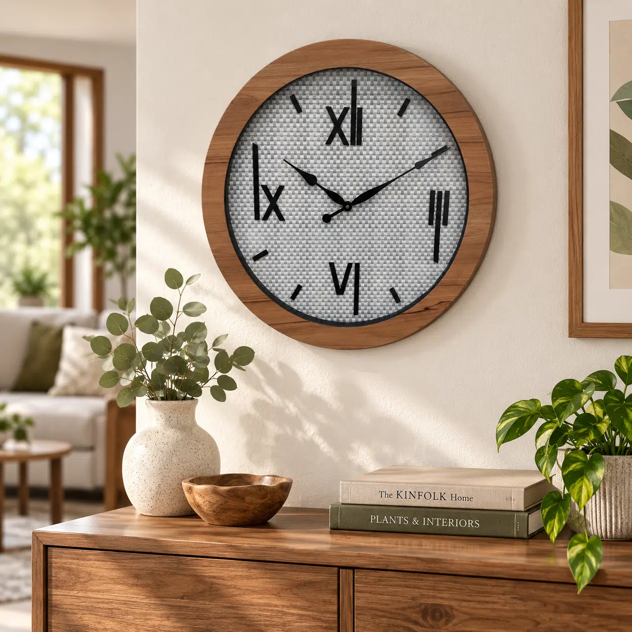 VEDAS Nordic Weave Roman Wall Clock | Modern Wooden Frame Designer Clock