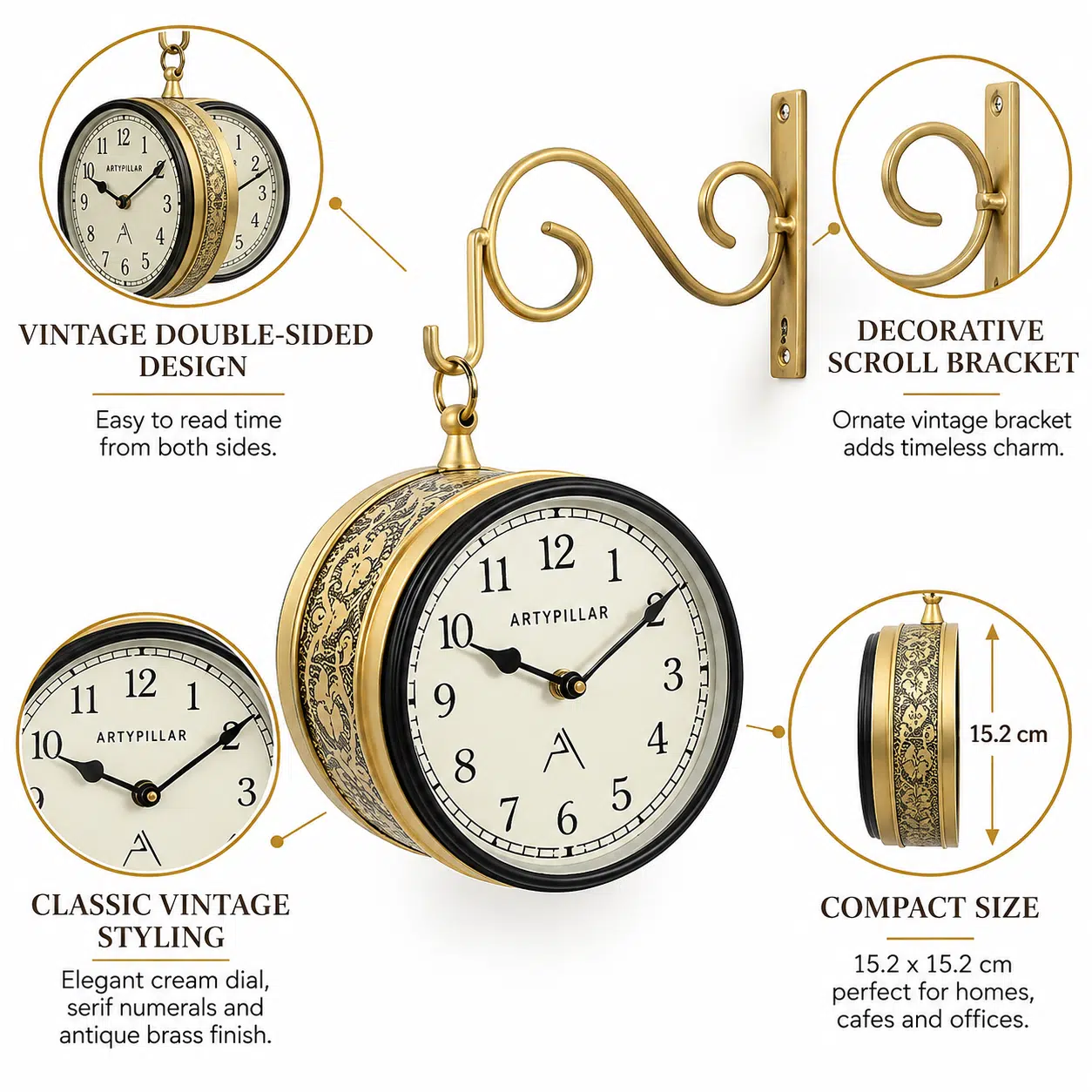 Vedas Royal Station Heritage Clock – Vintage Double-Sided Hanging Railway Wall Clock with Antique Brass Finish (6 Inch) - Image 4