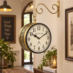 Vedas Royal Station Heritage Clock – Vintage Double-Sided Hanging Railway Wall Clock with Antique Brass Finish (8 Inch)