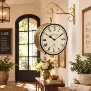 Vedas Royal Station Heritage Clock – Vintage Double-Sided Hanging Railway Wall Clock with Antique Brass Finish (10 Inch)
