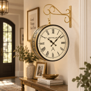 Vedas Royal Station Heritage Clock – Vintage Double-Sided Hanging Railway Wall Clock with Antique Brass Finish (12 Inch)