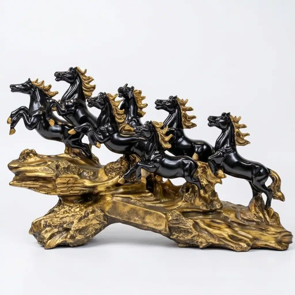 Vedas Seven Royal Gallop Horse Sculpture Décor | 7 Running Horses Showpiece for Home, Office & Living Room | Black Gloss with Gold Finish Decorative Figurine | Tabletop & Gifting Décor - Image 5