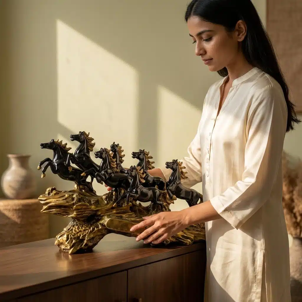 Vedas Seven Royal Gallop Horse Sculpture Décor | 7 Running Horses Showpiece for Home, Office & Living Room | Black Gloss with Gold Finish Decorative Figurine | Tabletop & Gifting Décor - Image 4