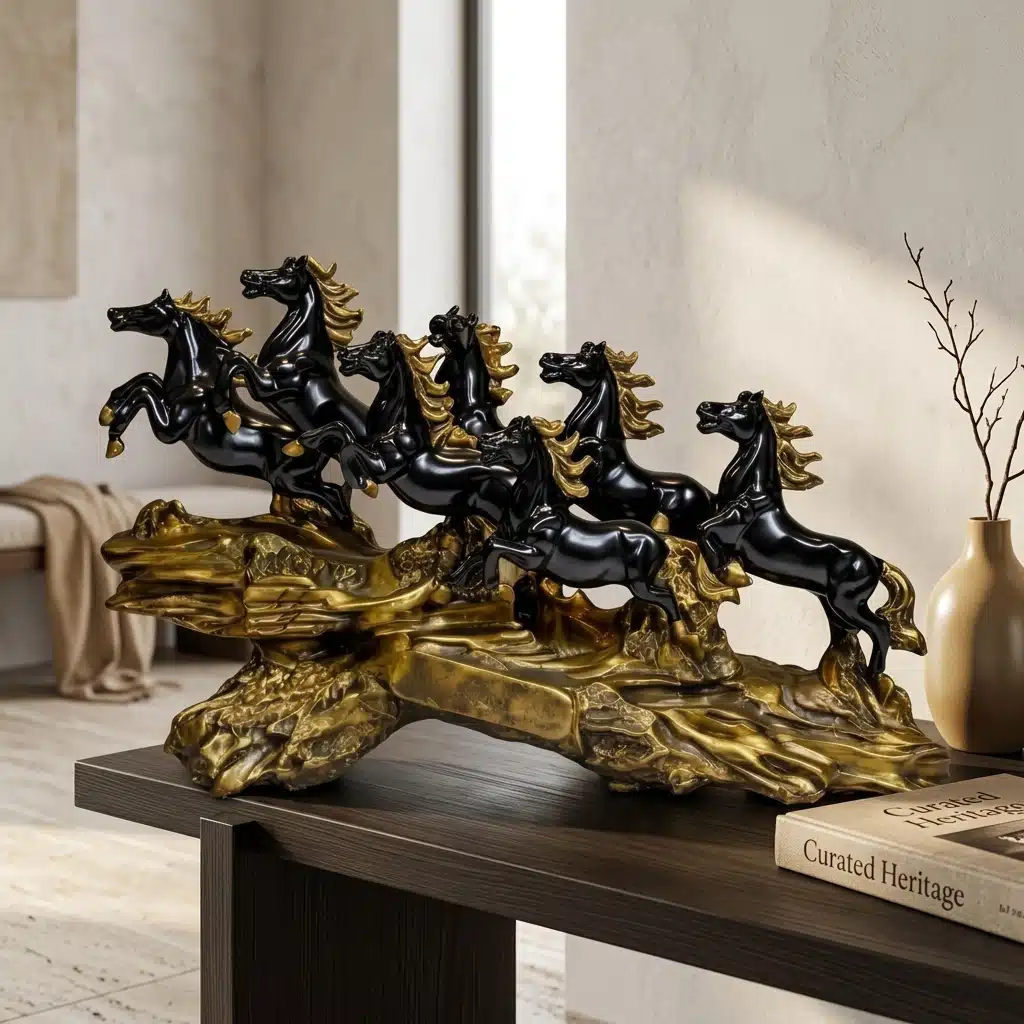 Vedas Seven Royal Gallop Horse Sculpture Décor | 7 Running Horses Showpiece for Home, Office & Living Room | Black Gloss with Gold Finish Decorative Figurine | Tabletop & Gifting Décor - Image 2