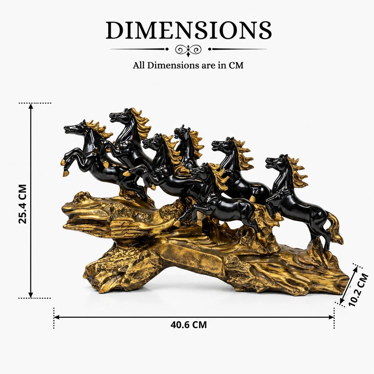 Vedas Seven Royal Gallop Horse Sculpture Décor | 7 Running Horses Showpiece for Home, Office & Living Room | Black Gloss with Gold Finish Decorative Figurine | Tabletop & Gifting Décor - Image 6
