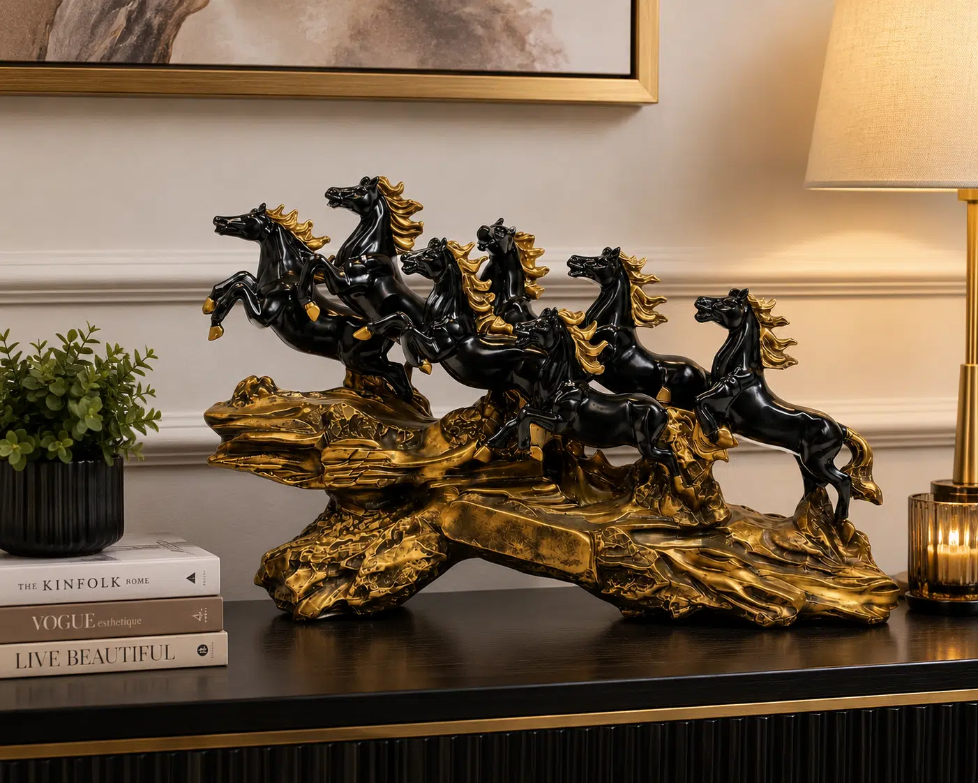 Vedas Seven Royal Gallop Horse Sculpture Décor | 7 Running Horses Showpiece for Home, Office & Living Room | Black Gloss with Gold Finish Decorative Figurine | Tabletop & Gifting Décor