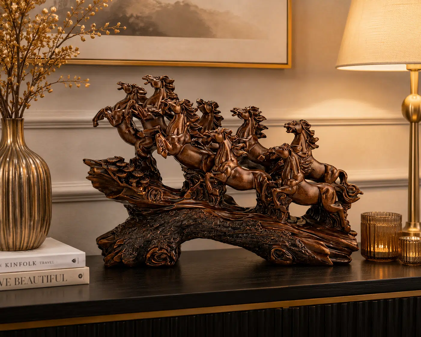 Vedas Seven Royal Gallop Horse Sculpture Décor | 7 Running Horses Showpiece for Home, Office & Living Room | Dark Brown Decorative Figurine | Tabletop Décor & Gifting