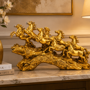 Vedas Seven Royal Gallop Horse Sculpture Décor | 7 Running Horses Showpiece for Home, Office & Living Room | Golden Finish Decorative Figurine | Tabletop Décor & Gifting