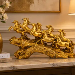 Vedas Seven Royal Gallop Horse Sculpture Décor | 7 Running Horses Showpiece for Home, Office & Living Room | Golden Finish Decorative Figurine | Tabletop Décor & Gifting