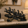Vedas Seven Royal Gallop Horse Sculpture Décor | 7 Running Horses Showpiece for Home, Office & Living Room | Black Matt with Gold Finish Decorative Figurine | Tabletop Décor & Gift
