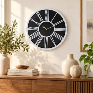 VEDAS C-Monarch Black Heritage Metal Wall Clock – 24 Inch Silver Metallic Roman Numeral Clock