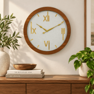 VEDAS Nordic Gold Roman Wall Clock | Modern Wooden Frame Designer Clock