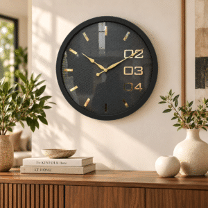 VEDAS Midnight Luxe Modern Wall Clock | Black Designer Clock with Gold Accents