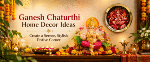 Festive home decor setup featuring a Ganesha wall plate and table idol placed on a decorated wooden console table with marigold garlands, mango leaves, brass diyas, and traditional textiles.