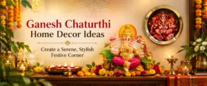 Festive home decor setup featuring a Ganesha wall plate and table idol placed on a decorated wooden console table with marigold garlands, mango leaves, brass diyas, and traditional textiles.