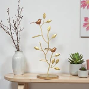 VEDAS F-Like Bird on Leaf Metal Table Décor with Candle Holders & Wooden Base – Decorative Accent for Living Room & Gifting