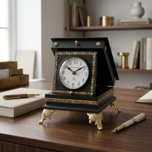 VEDAS Regal Noir Decorative Table Clock | Vintage Black & Gold Mantel Clock