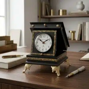 VEDAS Regal Noir Decorative Table Clock | Vintage Black & Gold Mantel Clock
