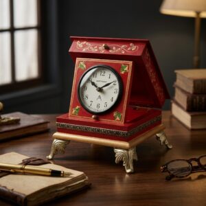 VEDAS Regal Noir Decorative Table Clock | Vintage Red & Gold Mantel Clock