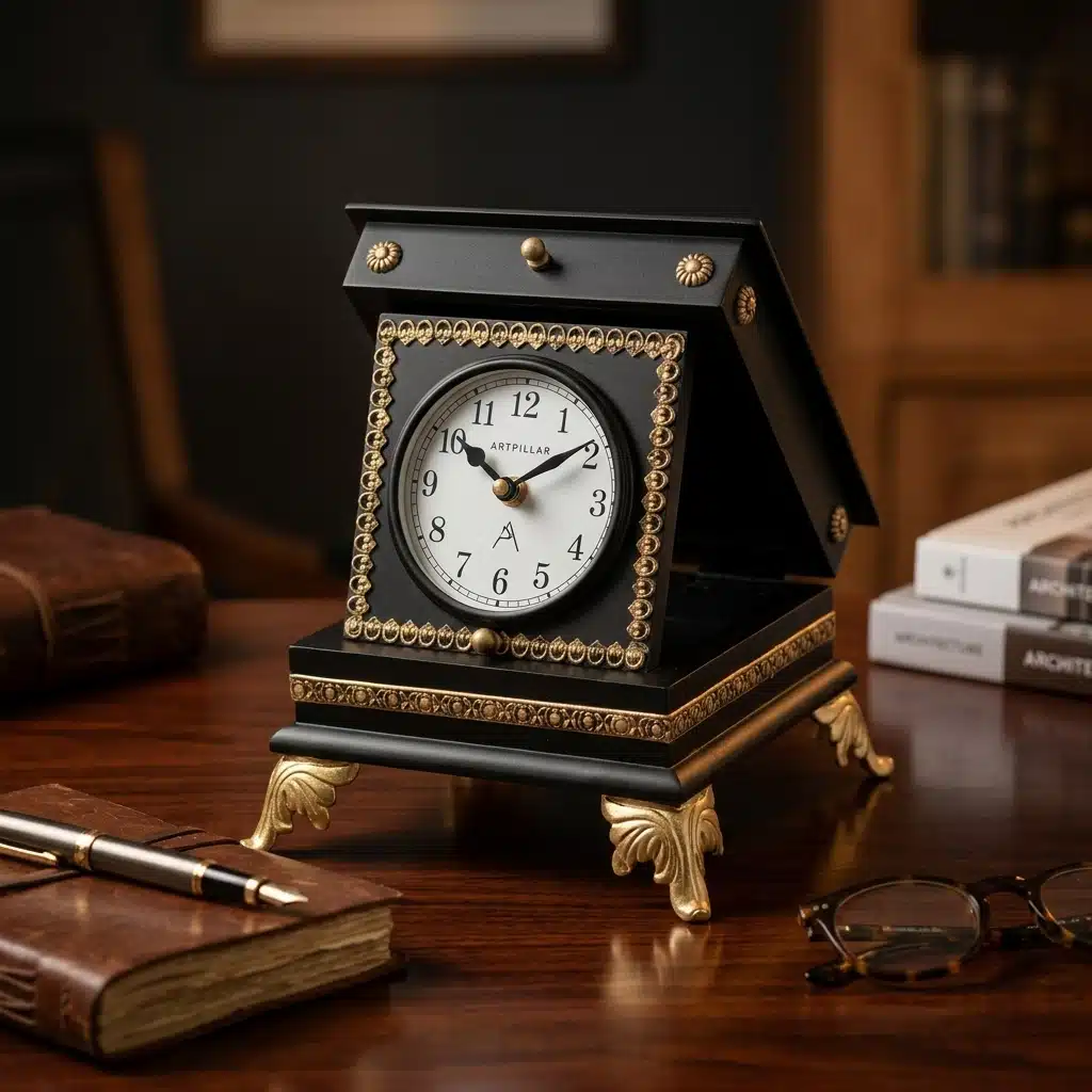 VEDAS Regal Noir Decorative Table Clock | Vintage Black & Gold Mantel Clock - Image 2