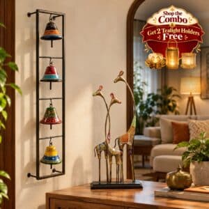VEDAS Raaga Bells & Tall Giraffe Premium Home Décor Combo with 2 Tealight Holders FREE