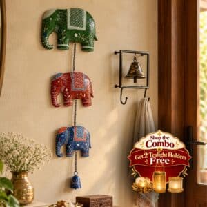 VEDAS Royal Elephant Wall Hanging & Ghanti Grace Key Holder Premium Entryway Décor Combo with 2 Tealight Holders FREE
