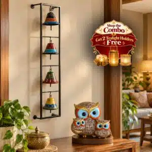 VEDAS Raaga Bells & Owl Showpiece Set Premium Home Décor Combo with 2 Tealight Holders FREE