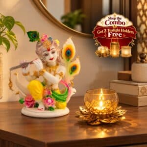 VEDAS Krishna Idol with Peacock Feathers & Lotus Tealight Holder Premium Devotional Décor Combo with 2 Tealight Holders FREE