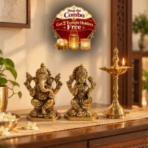 VEDAS Lakshmi Ganesha Idol & Brass Deepak Stand Premium Puja Décor Combo with 2 Tealight Holders FREE