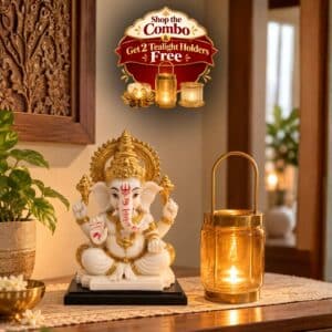VEDAS White & Gold Ganesha Idol with Gold Glass Candle Lantern Premium Décor Combo with 2 Tealight Holders FREE