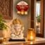 VEDAS White & Gold Ganesha Idol with Gold Glass Candle Lantern Premium Décor Combo with 2 Tealight Holders FREE