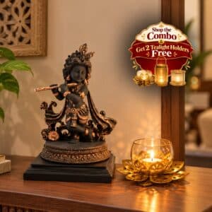 VEDAS Bal Gopal Krishna Idol & Lotus Tealight Holder Premium Devotional Décor Combo with 2 Tealight Holders FREE