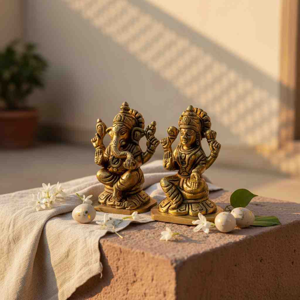 VEDAS Lakshmi Ganesha Idol & Brass Deepak Stand Premium Puja Décor Combo with 2 Tealight Holders FREE - Image 2